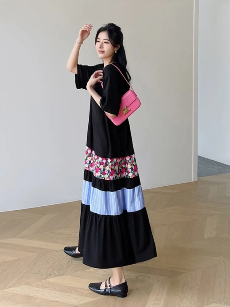 プラスサイズ サマー ミディアム丈 Aライン カジュアル Tシャツワンピース レディース ワンピース ルーズ パッチワーク 大きめ 半袖 レディース ドレス