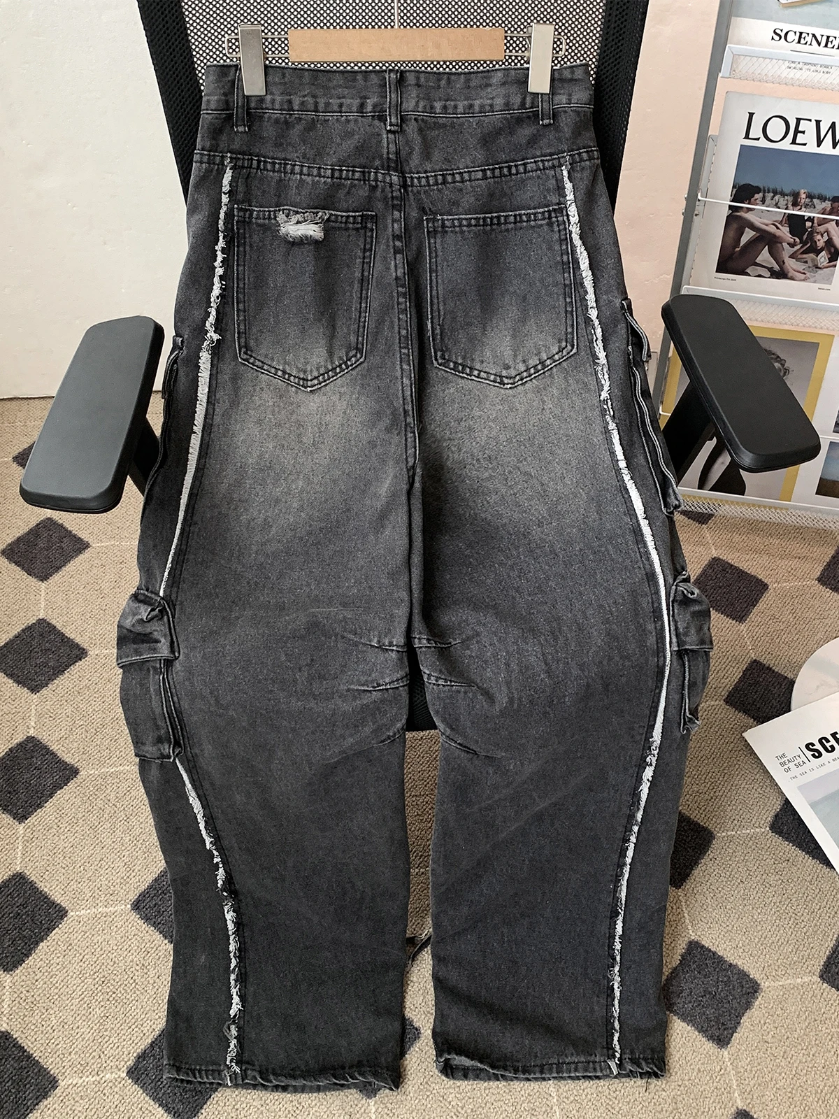 Street Style Heavy Duty Multi Pocket Logging Work Pants Men's Women's Micro Flared Design Sense Hole Ruffle Loose Wide Leg Jeans