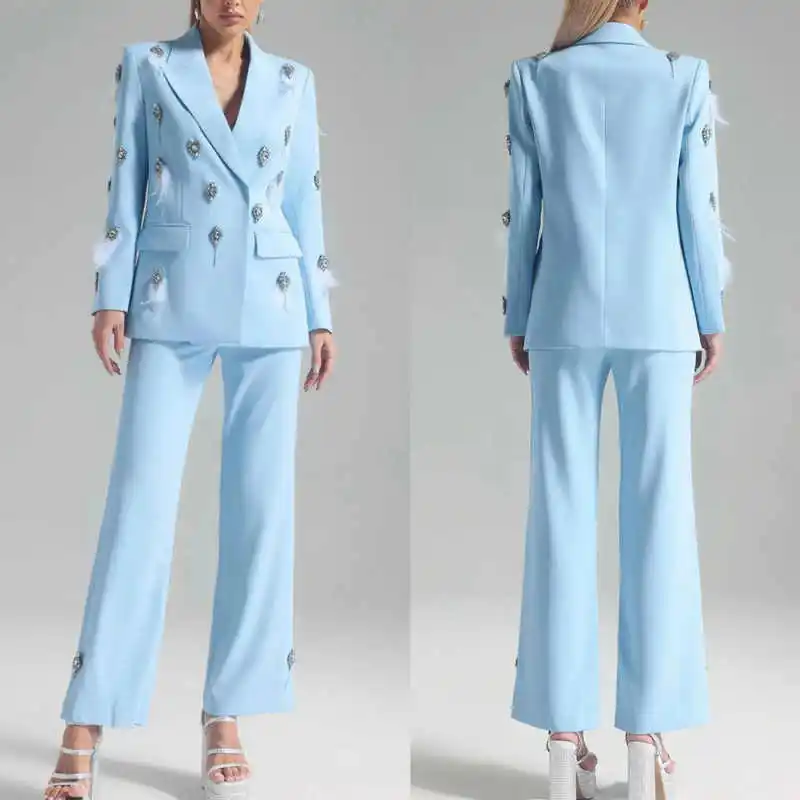

Luxury Crystals Women Suits Peaked Lapel Office Ladies Work Pant Sets Feather Birthday Party 2 Pieces Customized