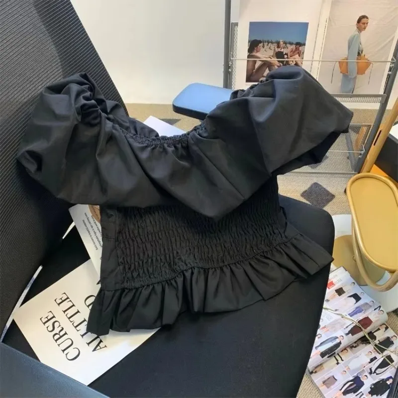 

Elegant Sweet Ruffles Off Shoulder Blouses Y2k Sexy Slim Waist Black Shirts Women 2025 Summer New Sleeveless Tops Mujer