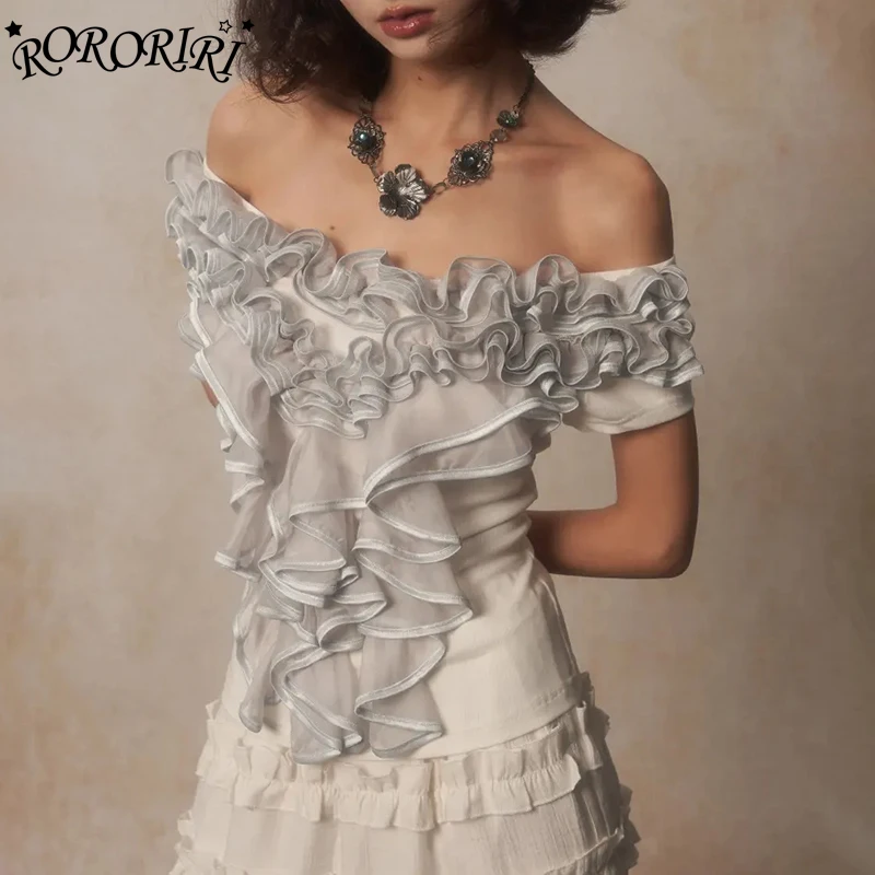 

RORORIRI Irregular Ruffle Stitch Desire One-shoulder Top Women Pleated Wave Trim Slim Short Sleeves T-shirt Korean Retro Clothes