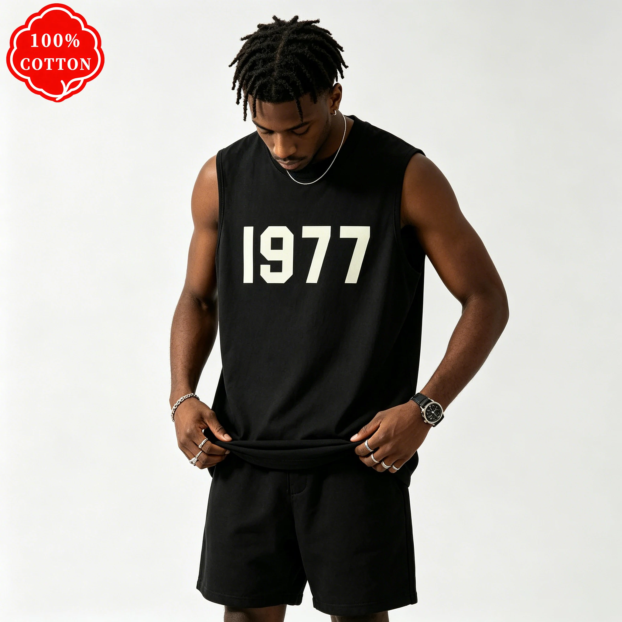 100% cotton men's summer vest is loose-fitting, featuring 1977 patterned print on a round neck and sleeveless design - T56