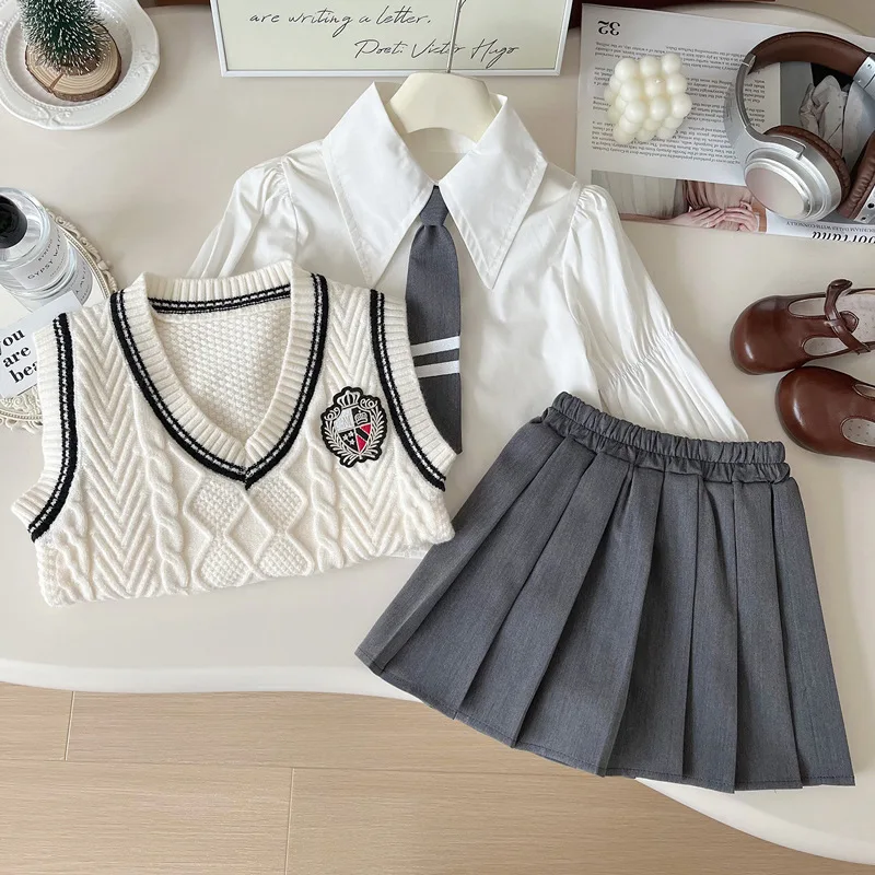 Girls' Preppy Style Suit Skirt Autumn2024New Western Style Children's Wool Vest Shirt Pleated Skirt Three-Piece Set