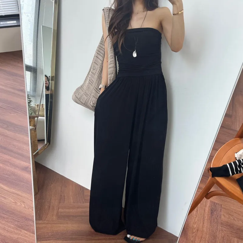 High Elasticity Korean Style  Pants Women's Summer New Fashion Shoulder Bared Waist Shaping Wide Leg Pants