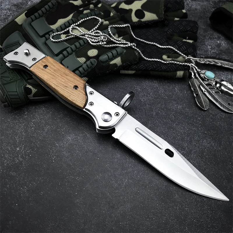 Small M9 folding knife, convenient hunting self-defense steel+colorful wood handle fishing gift hiking collection folding knife