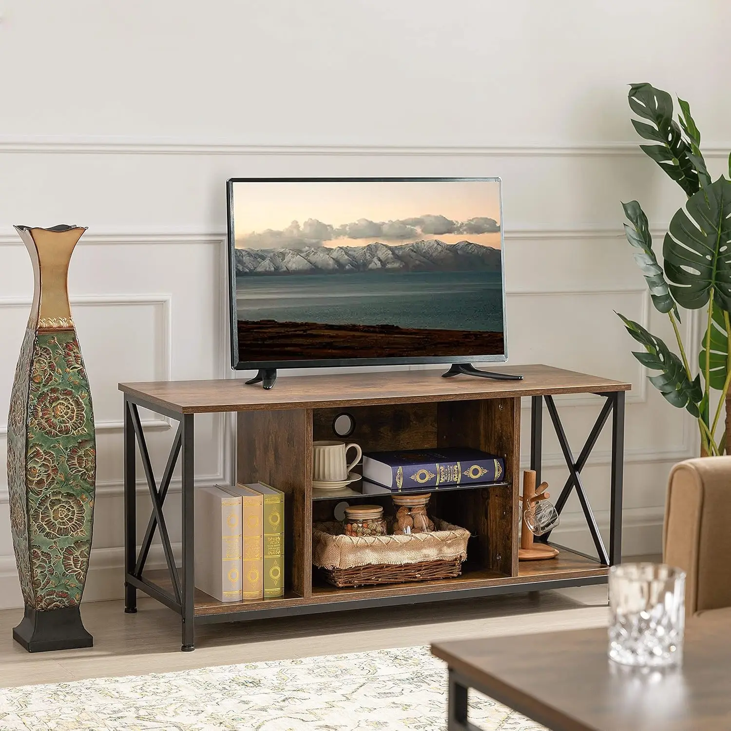 Meuble TV avec lumières LED, centre de divertissement de jeu, petite console multimédia, table, armoire en bois pour Vevin, 50 pouces, 41.7 pouces