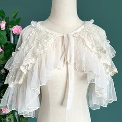 Zoete Lolita Kant Mesh Korte Sjaal Jas Open Voorkant Poncho Vrouwen Japanse Kawaii Schattige Schouderopjes Tops Schattige Prinses Capes Bovenkleding