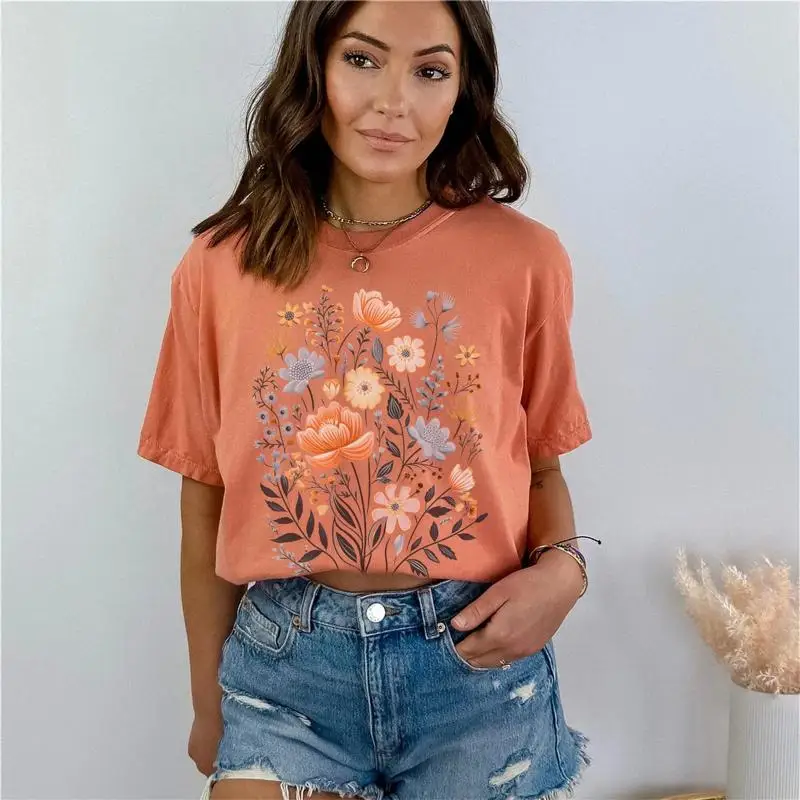 

Футболка с цветочным принтом в стиле бохо, полевые цветы, летняя ботаническая природа для ее мамы, садовница, прессованные цветы, удобные цвета