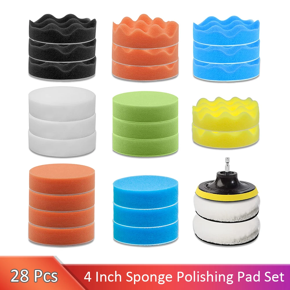 28 Pcs 4 Inch Sponge Polishing Pad Set with Sanding Wool Polishing Pad for Resistant Grinding Car Improve Cleanliness Sealing