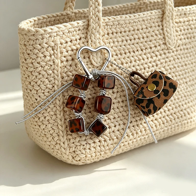 Leather Rope Luxury Bag Key Chain Coin Purse Exquisite Luxury Bag Square Acrylic Loose Beads Pendant Leopard Print Crafts Car Ke