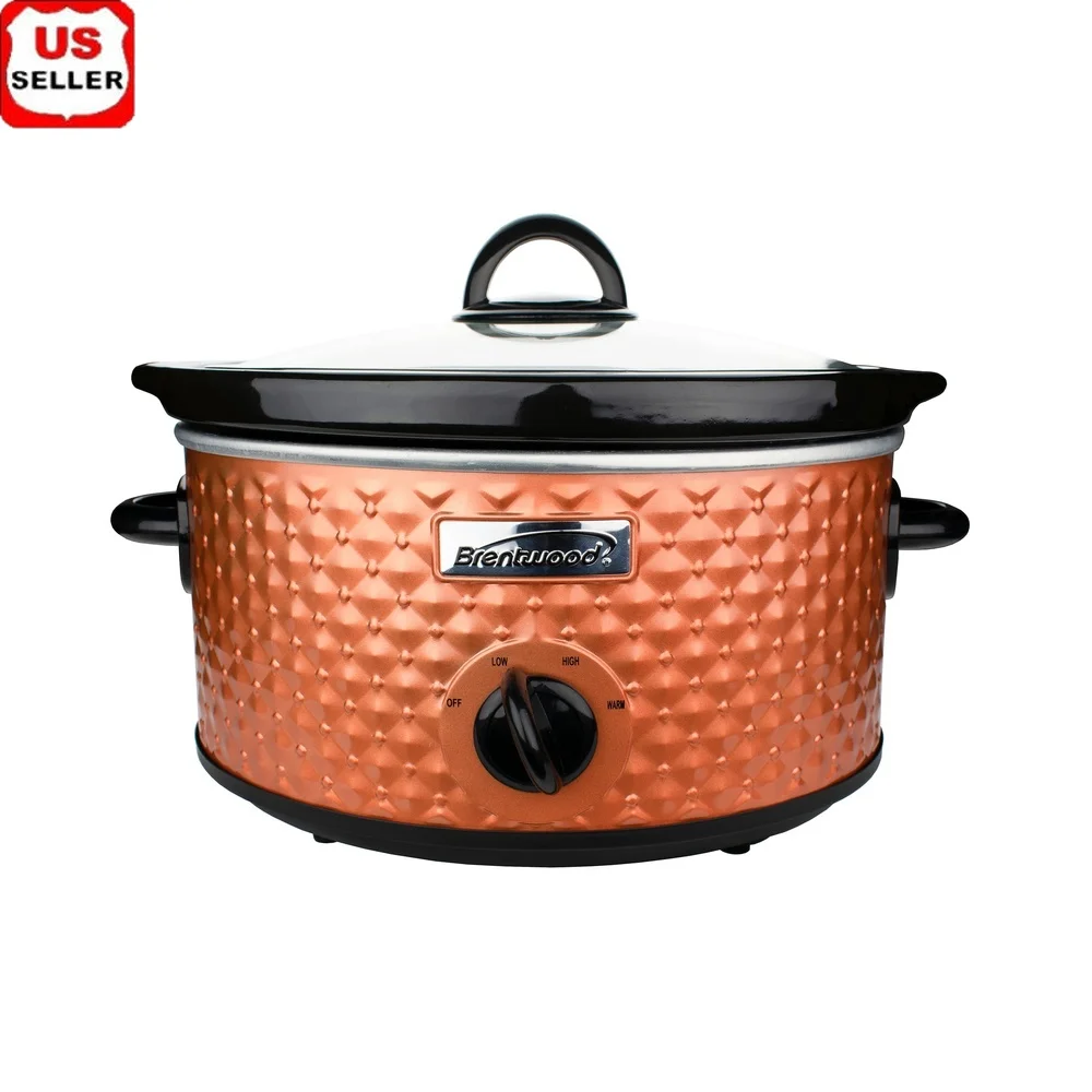 

3.5 Quart Slow Cooker Diamond Pattern Ceramic Pot 3 Heat Settings Durable Metal Body Cool Touch Handles Tempered Glass Lid