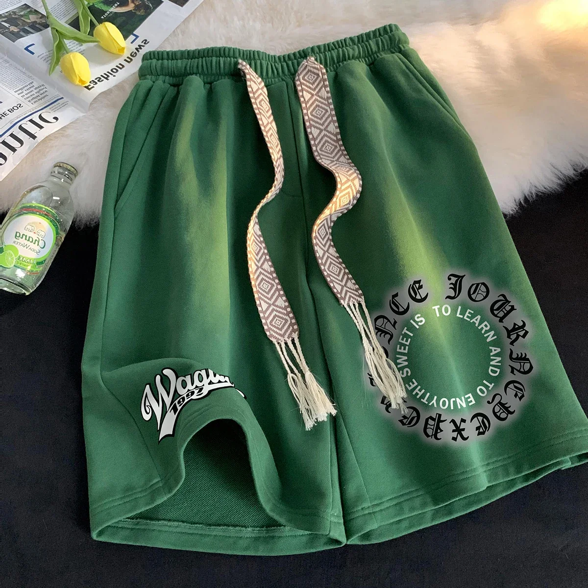 2023 Summer Men\'s Shorts Korean Fashion Green Shorts Harajuku High Street Men\'s Clothing Casual Shorts At Home Streetwear Pants