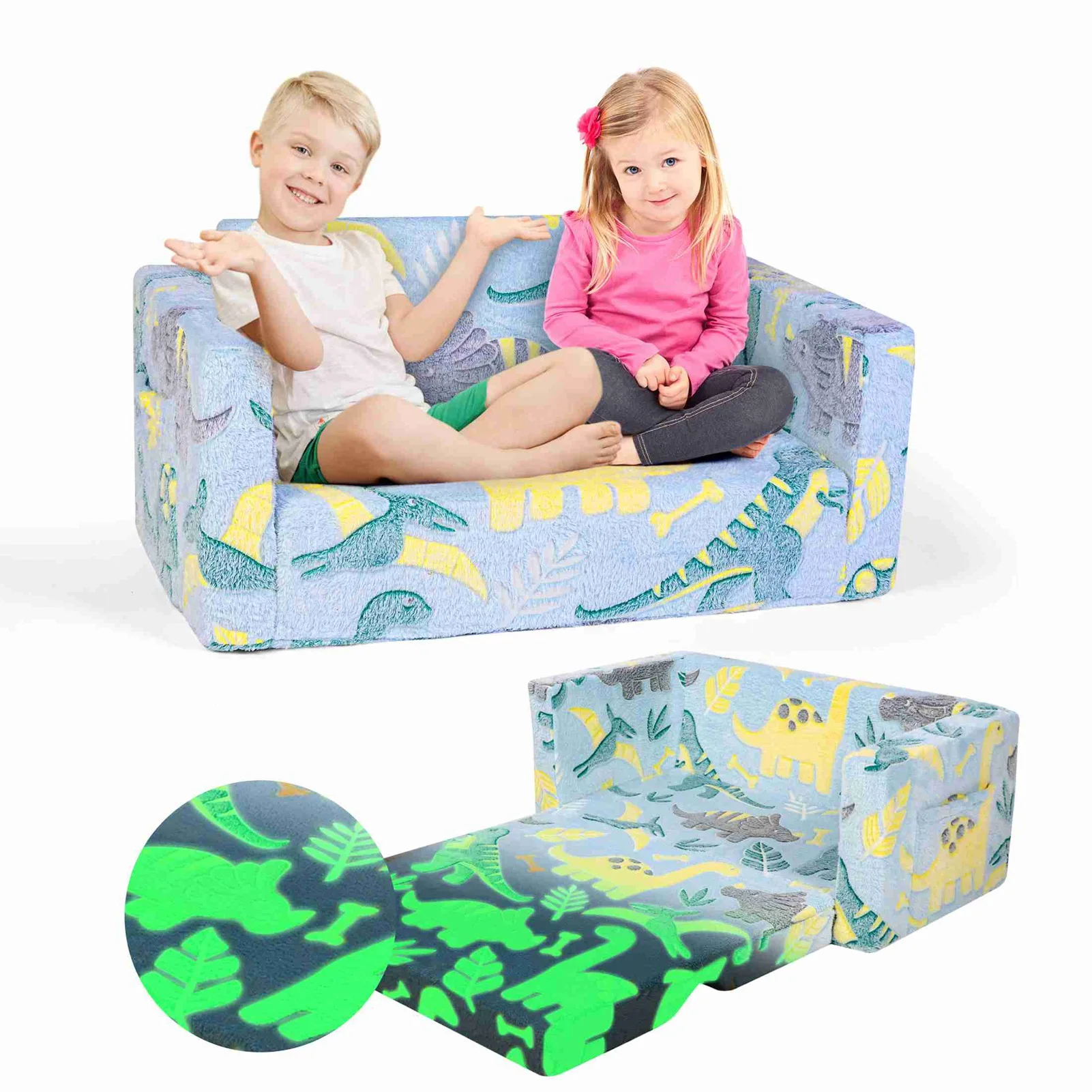 

Foldable Couch Double Kids Couch Fold Out Sponge Dinosaur Pattern Ergonomic Comfort Zip Closure Kids Couch with Side