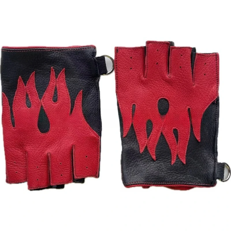 Deerskin Flame Motorcycle Riding Gloves Spring Summer Leather Men's Half-finger Gloves view 5