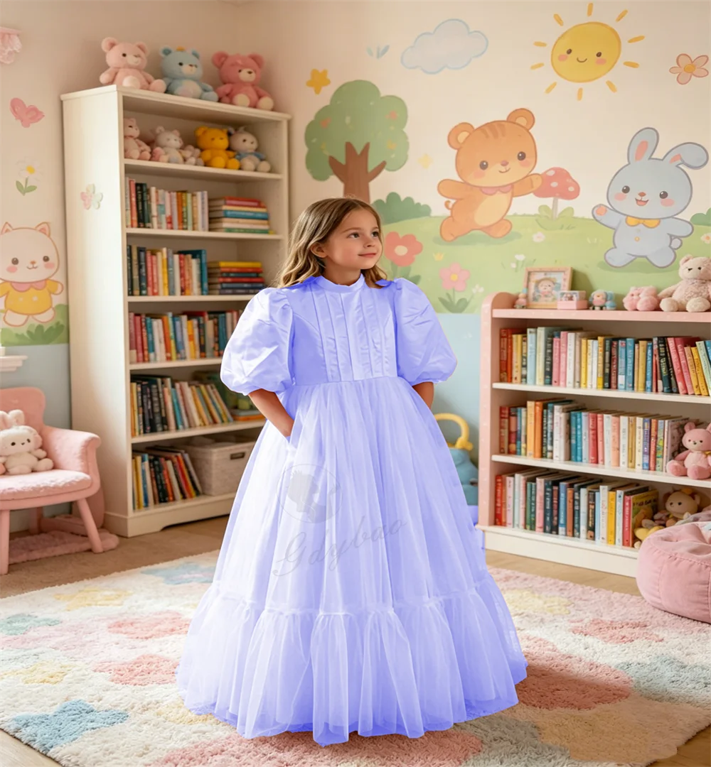 Lavender Elegant Flower Girl Bridesmaid Dress High Neck Lantern Sleeves Wedding Children's Birthday First Communion Dress