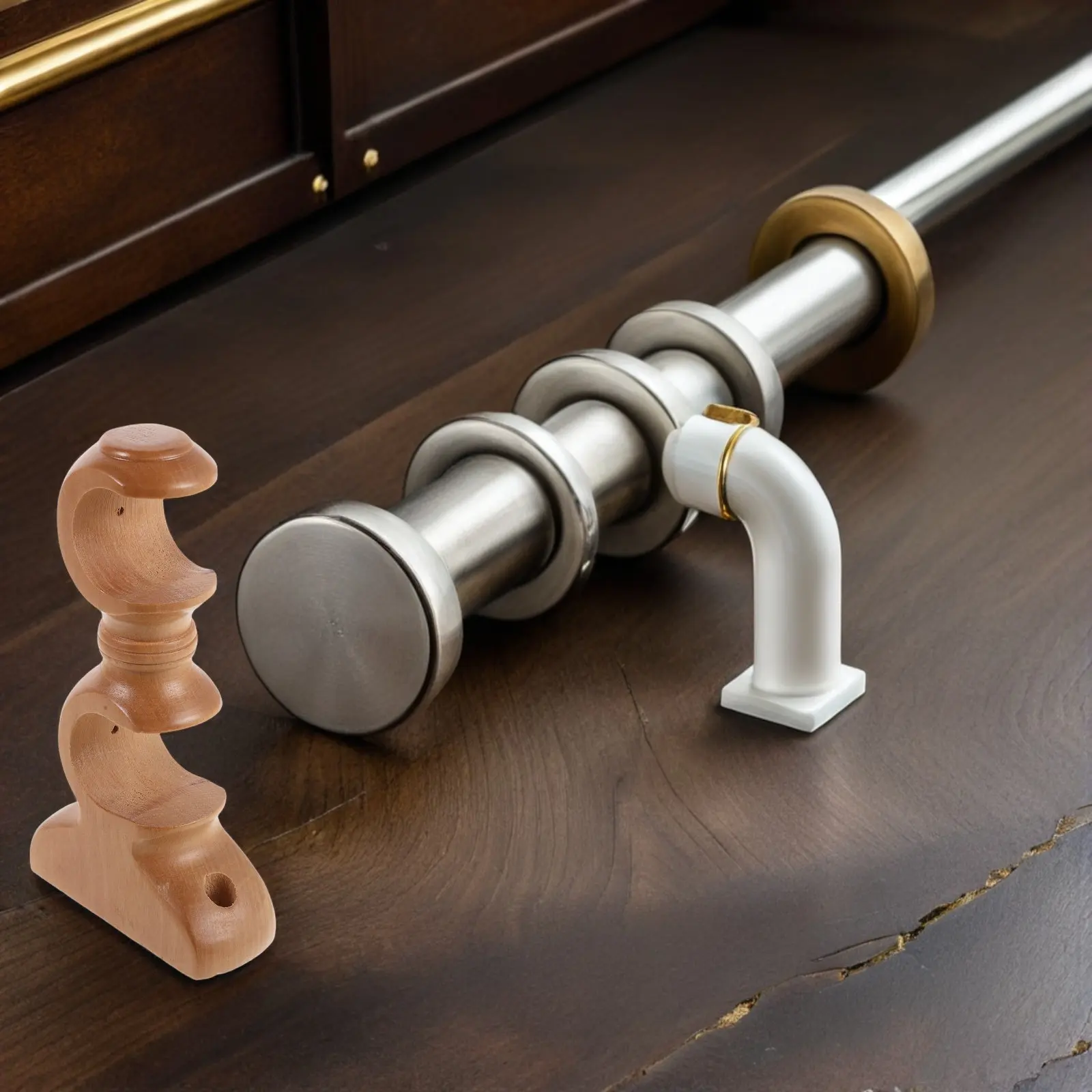 2Pcs Solid Wood Decorative Curtain Rod Holders Double Rod Bracket Wall Mounted Drapery Support for 28Mm Roman Pole Bedroom