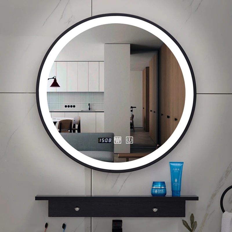 Minimalist Bathroom Mirrors for Home Bathroom Round Bath Mirrors Modern Iron Frame Wall-mounted Bathroom Mirror with LED Light