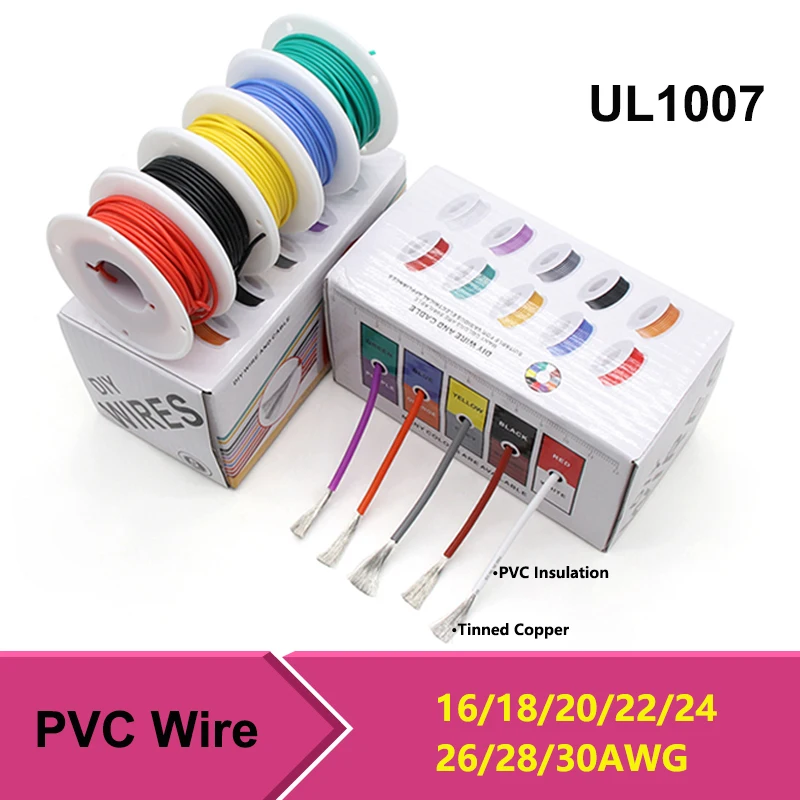 

UL1007 Wire PVC Insulation Tinned Copper Cable （5 Colors Mix Kit）30/28/26/24/22/20/18/16 AWG Stranded Electrical Line PCB Wire