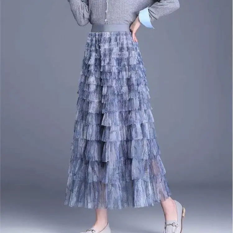 Spring Summer Heavy Work Mesh Cake Skirt Layered Tie Dye Fairy Skirt Personalized a Line Slimming Flared Half Body Skirt