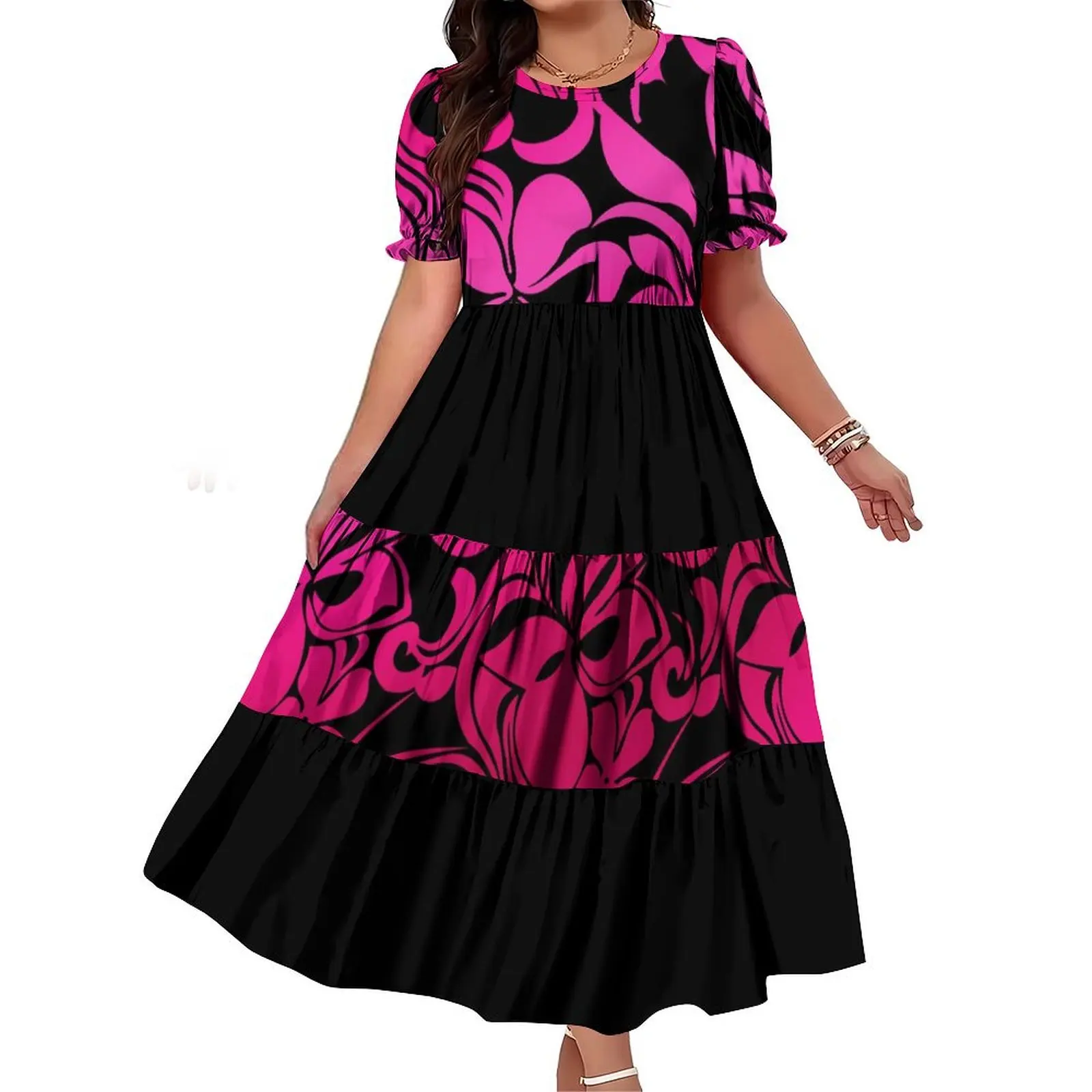 Heißer Verkauf Multi Tiered Kleid Benutzerdefinierte Blase Hülse Design Rot Plissee Kleid Plus Größe Frauen Rundhals Kleid Polynesian Kleider