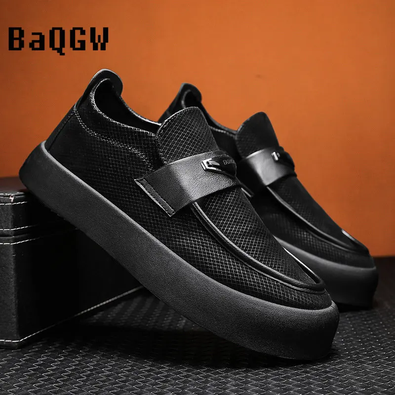 Fashion Versatile Mens Leather Casual Shoes Waterproof Platform Shoes Comfortable Loafers Office Outdoor Walking Skate Shoes