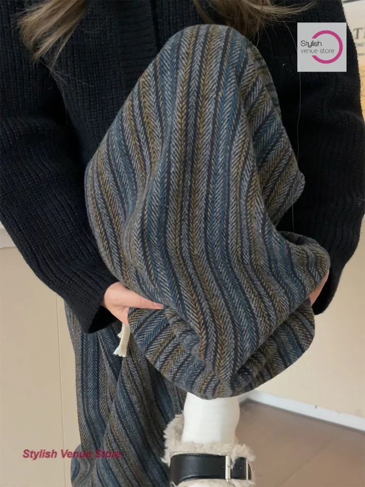 

French-style retro stripes and cashmere pants children's autumn and winter new loose straight loose casual Joker wide-leg pants