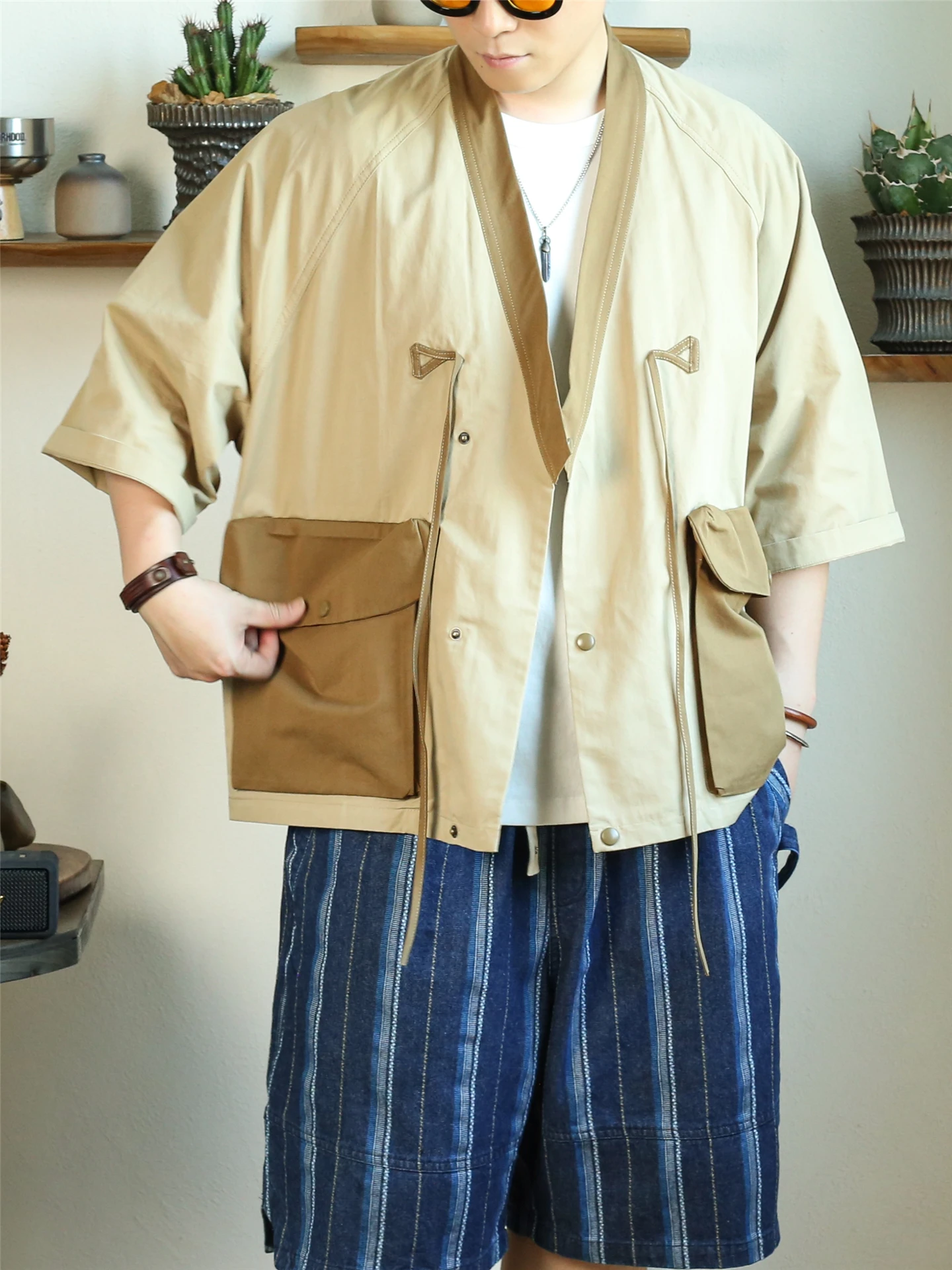 

Loose Fit Men's irt f Sve Workwear Breathable Summer Faion Japanese Sle No Collar Regular Length oulder Sve