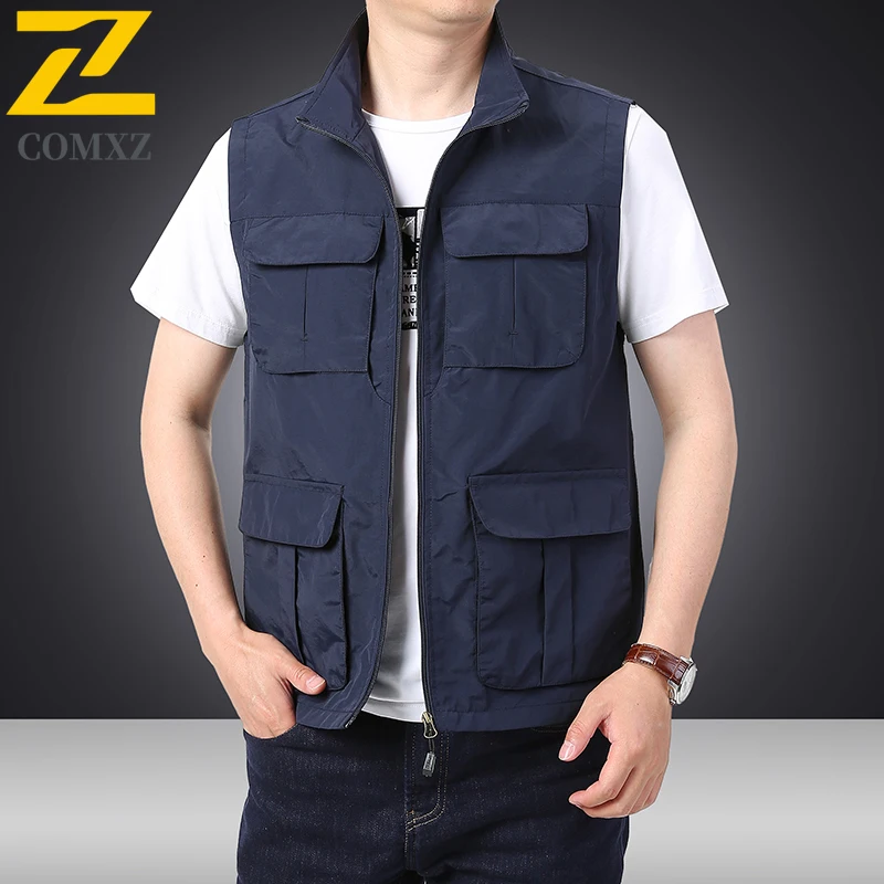 2025 New Multi-pocket Vest Men's Fashion Casual Mesh Lined Breathable Sleeveless Work Vest Hiking Fishing Solid Color Waistcoat