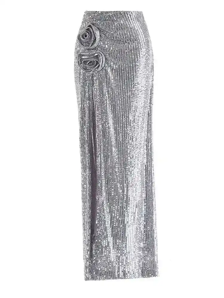 High Elastic Waist Red Sequins Flower Slit Elegant Long Half-body Skirt Women Fashion Tide New Spring Autumn