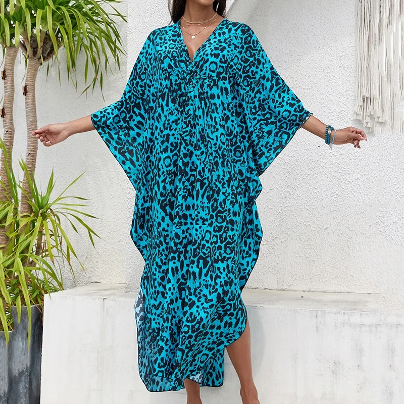 

Женское пляжное платье с леопардовым принтом, большие размеры, женские платья-кафтан с v-образным вырезом и рукавами «летучая мышь», пляжное летнее свободное синее платье-кафтан