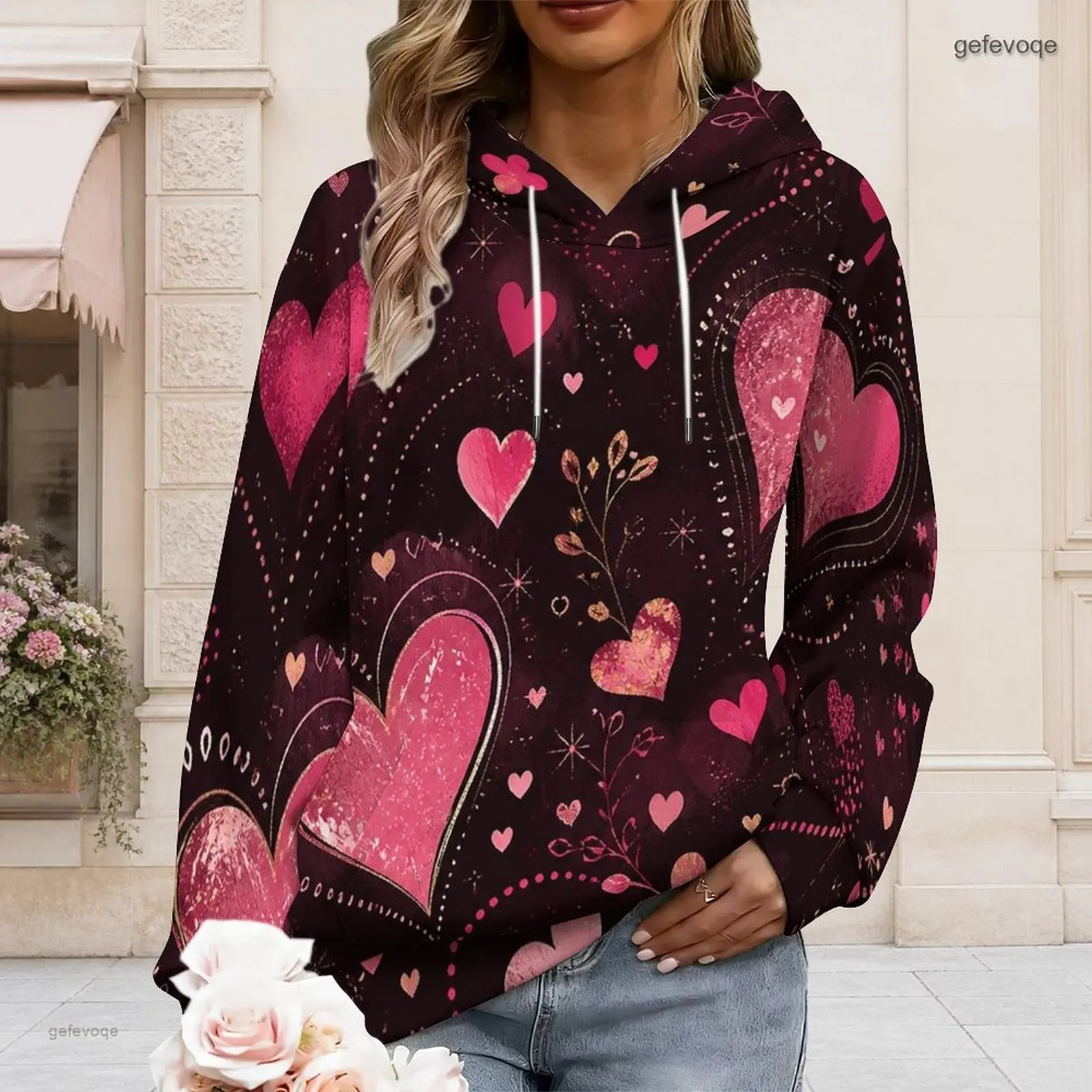 Women Long Sleeve Drawstring Hood Kangaroo Pocket Pullover Printed Hoodie