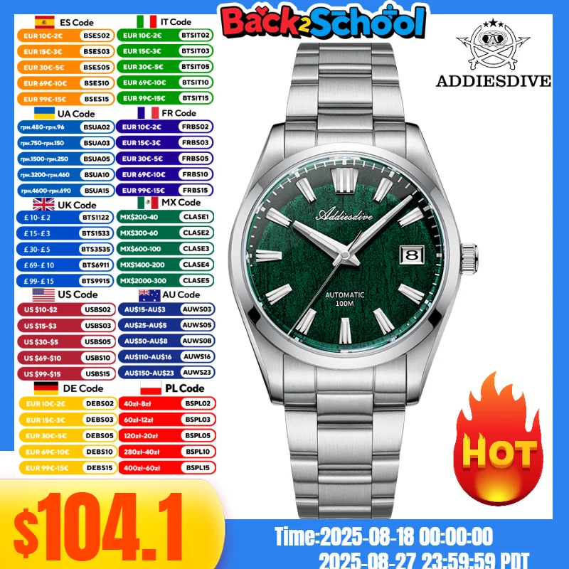 

ADDIESDIVE 39mm AD2075 Men Dress Watch Sapphire Crystal 3D Bark Dial BGW9 Super Luminous 10Bar Diver Automatic Mechanical Watch