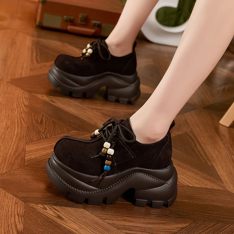 

Лоферы на рост в британском стиле, 9 см, новые кожаные туфли-лодочки на шнуровке с толстой подошвой, черные одинарные туфли Мэри Джейн на массивном каблуке