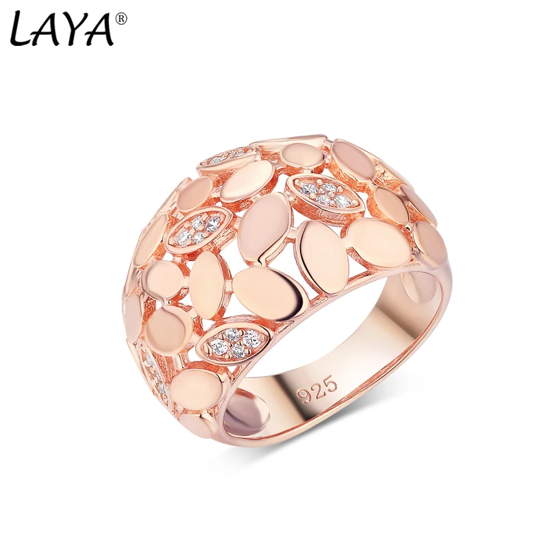 LAYA 925 Sterling Silver Shining Zircon Leaf Share Wide Finger Ring For Women Wedding Original Luxury Fine Jewelry 2022 Trend