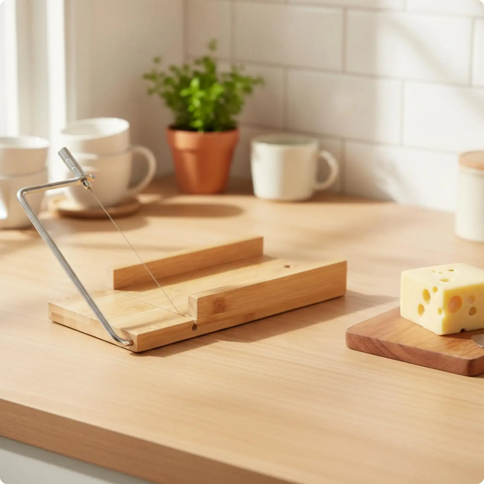 Cheese Cutting String Slicer with Wood Handle for Manual Food Prep Stainless Steel Wire for Cafe Use