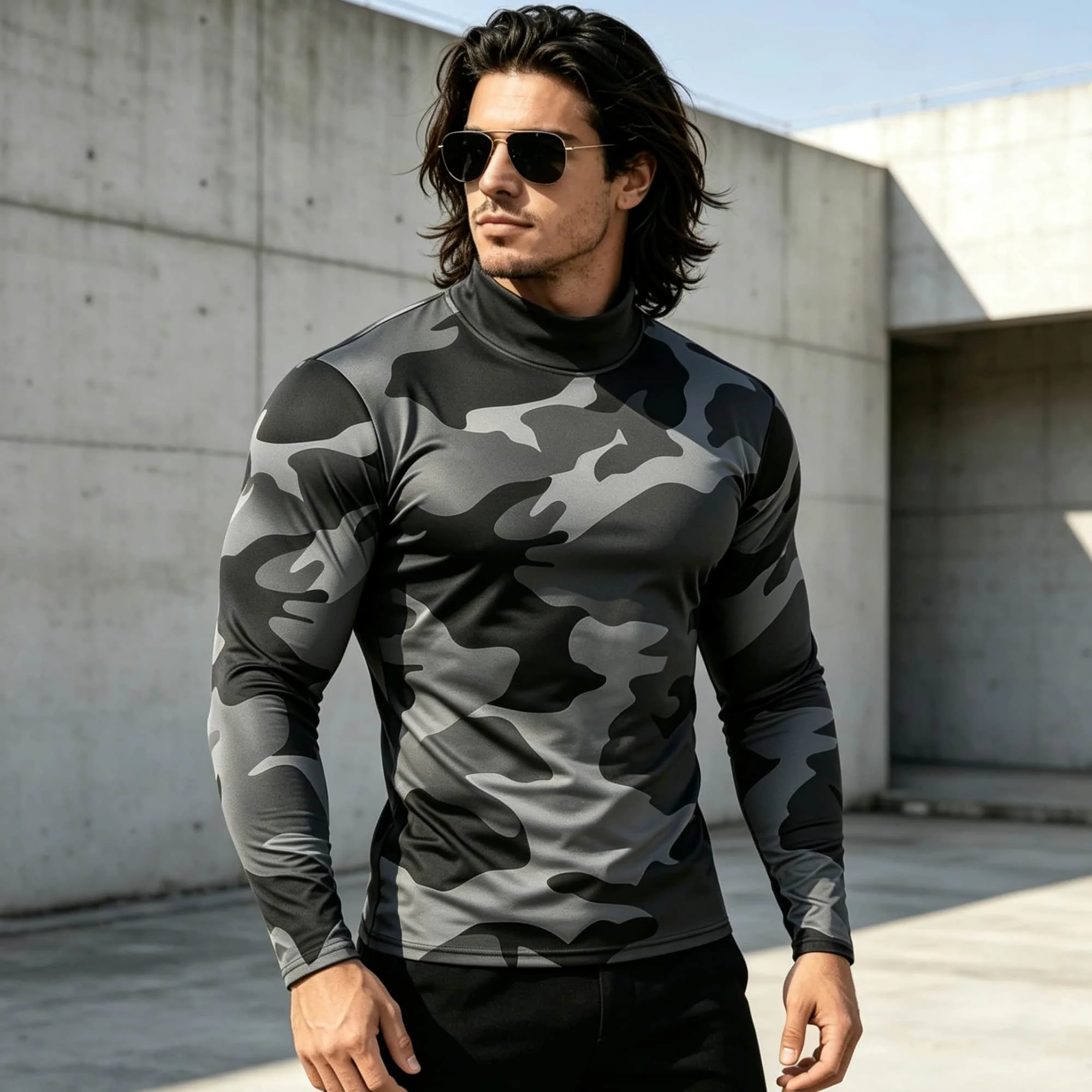 Modisches, personalisiertes, atmungsaktives, bequemes T-Shirt mit Stehkragen, Camouflage-Muster, langen Ärmeln, vielseitig einsetzbar, lässig, trendig, Herrenbekleidung – Detail 6