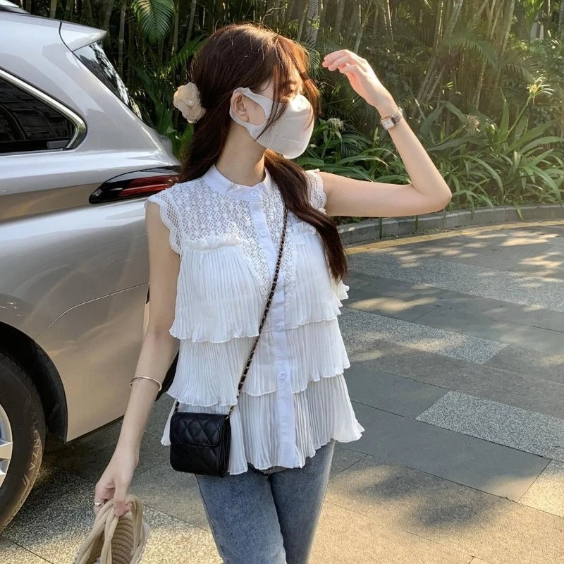 

Y2k Ruffles Flying Sleeve Lace Blouses Sweet Ruched O-neck Vest Shirt Women 2025 Summer New Sleeveless Blusas Mujer
