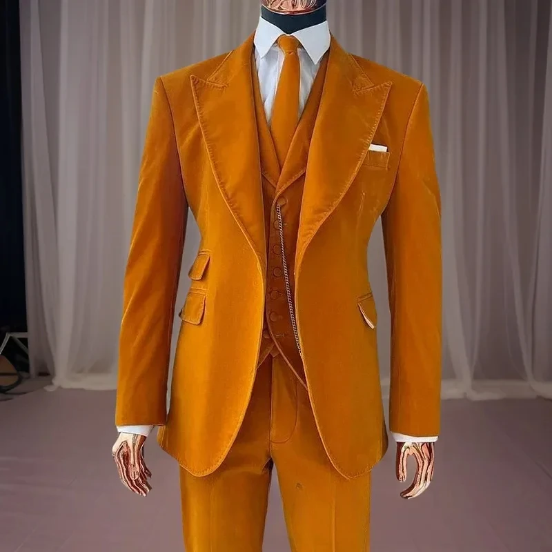 Fashion Velvet Orange Men's Suits 3 Piece Jacket Pants Vest Male Clothing Chic One Button Peak Lapel Slim Fit Blazer Clothing