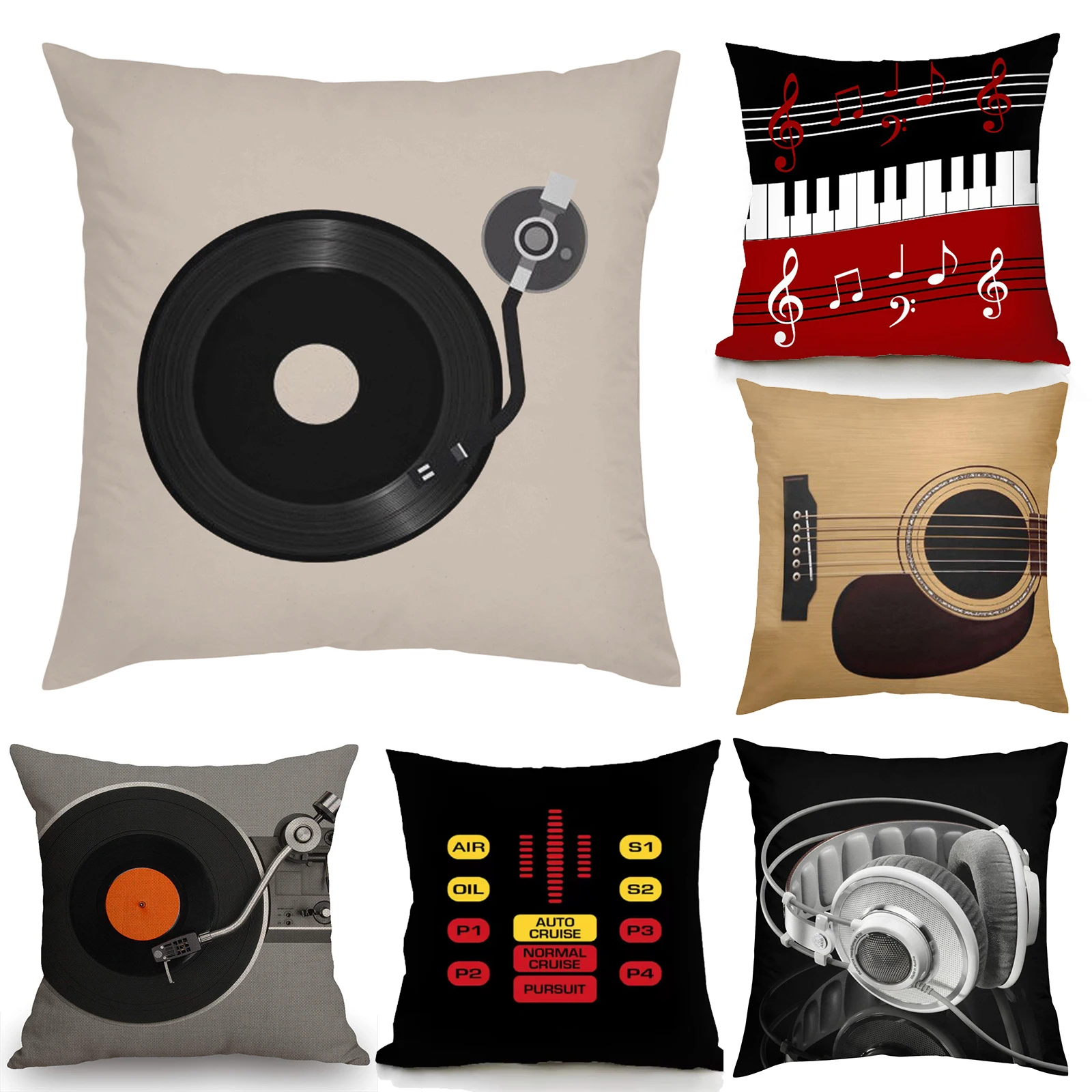 

Retro Music Style Throw Pillow Cover Guitar Microphone Headphone Theme Decorative Square Linen Cushion Cover 18X18 In One Sides