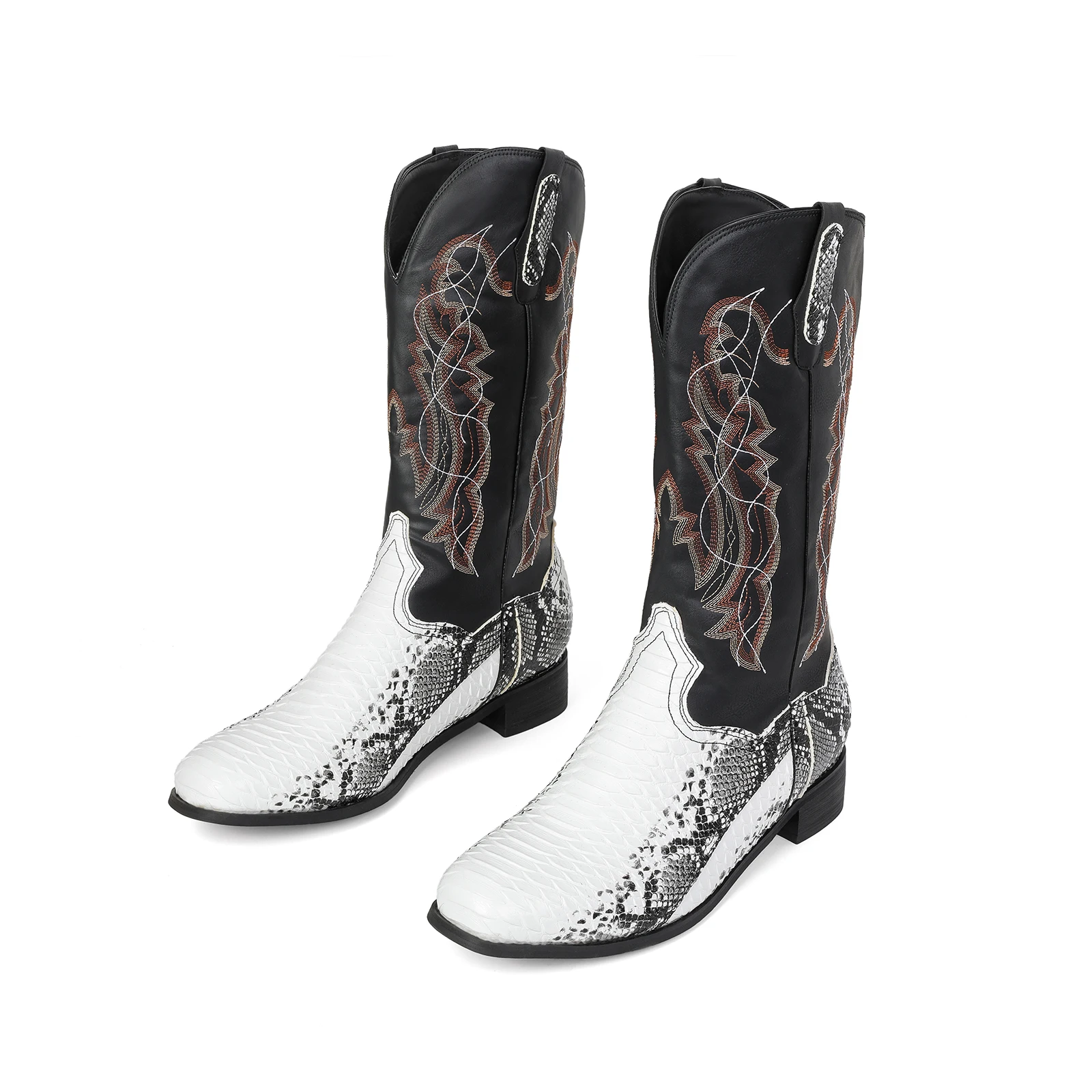Round Toe Embroidered Snake Print Cowboy Boots Men Mixed Colors Short Boot Cossacks Western Booties Female