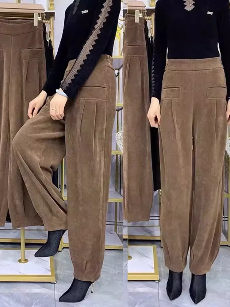 

High Waist Loose Fce Lined Casual Pants for Women Autumn Winter Outerwear Harlan Pants Commute Sle Korean Version