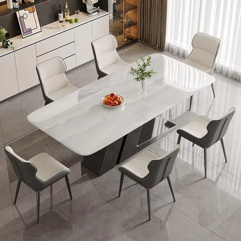 Italian Minimalist Light Rock Slab Dining Set Rectangular Designer Modern Dining Table and Chairs for Villa Home Decor