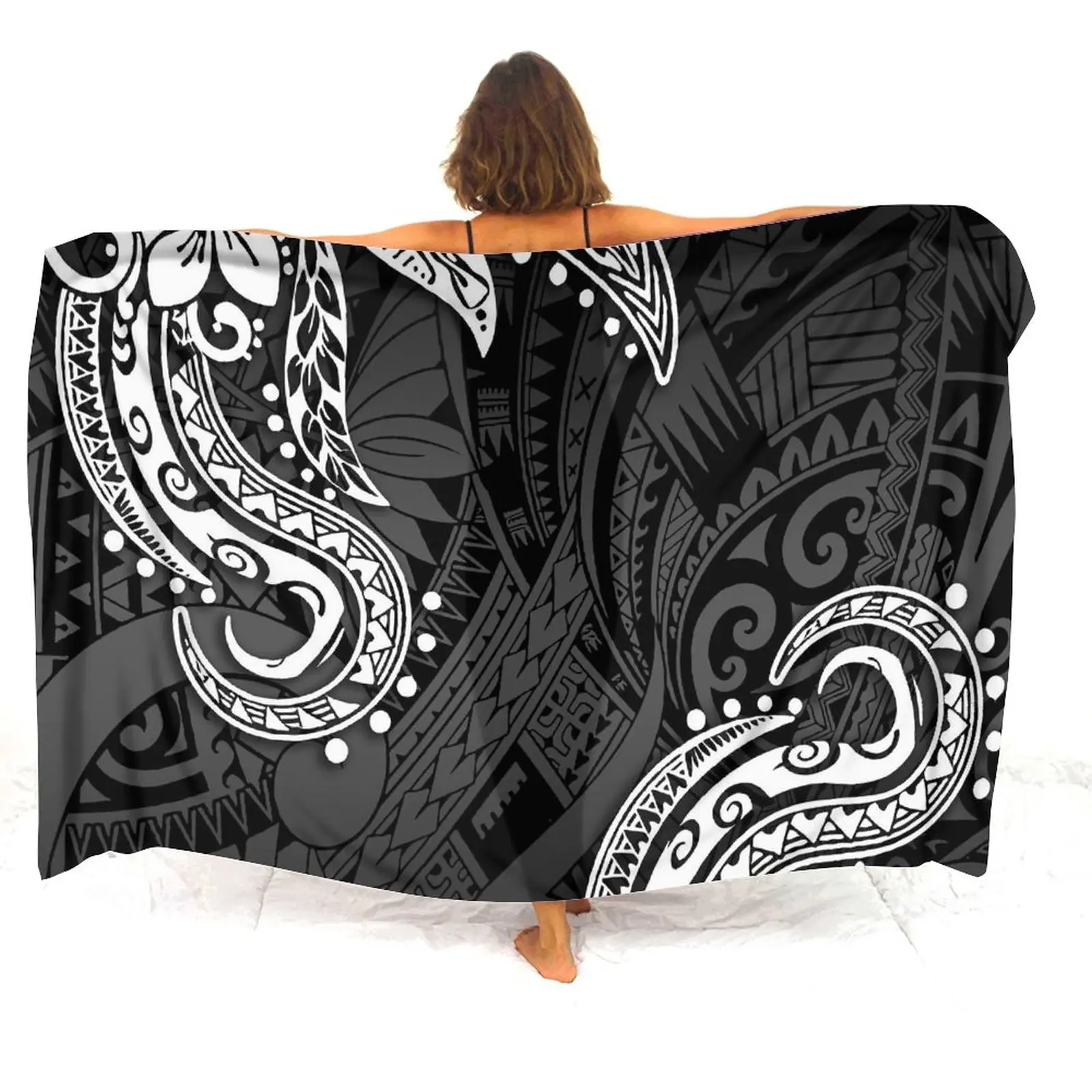 Polynesian Art Print Sarong Damen Strandwickel mit Windschal Bikini Mantel Sarong 2023, Sommer-Party-Sarong am Meer