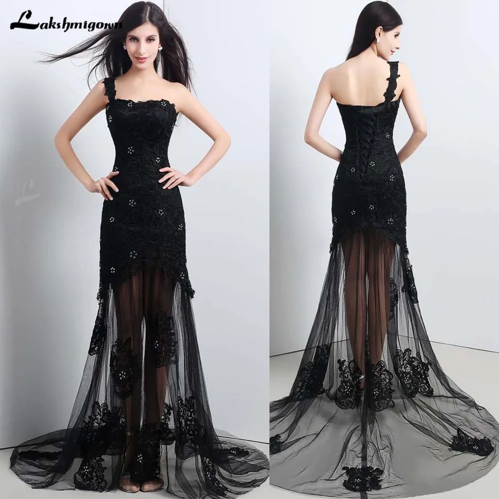 Elegant Black Long Sheer Wedding Dress For Women Lace Tulle Applique Sleeveless Slim Bridesmaid Formal Party Ball Gowns