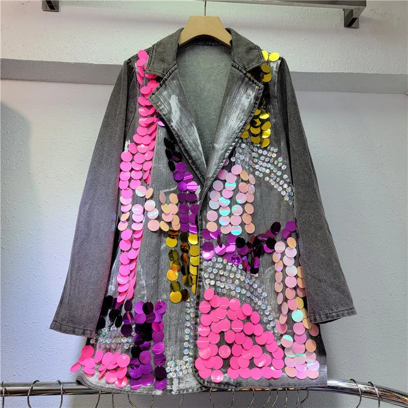 ANJY Autumn New Women Ins Trendy Streetwear Y2k Elegant Fashion Colorful Sequins Turn-down Collar Long Sleeve Denim Jacket A7751