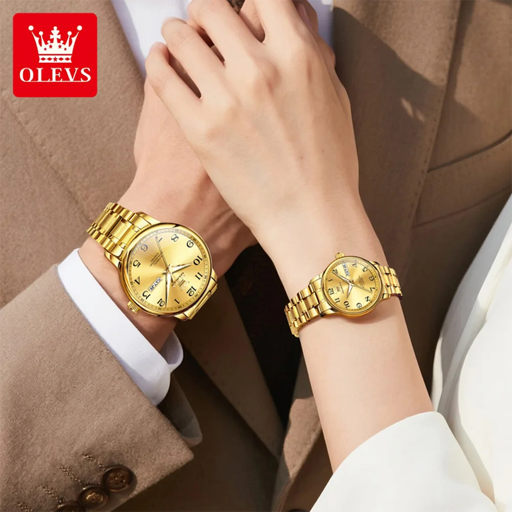 OLEVS 7072 ساعة الزوجين ماركة فاخرة ساعة ميكانيكية أوتوماتيكية بالكامل هدية عيد الحب تاريخ ساعة نسائية رجالي هدية Reloj