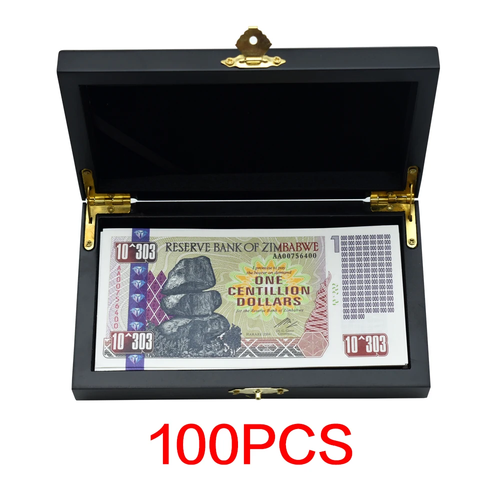 100pcs/box Collection Gifts Zimbabwe Paper Banknotes One Centillion Dollars Serial Number Uncurrency Banknotes with Wooden Box