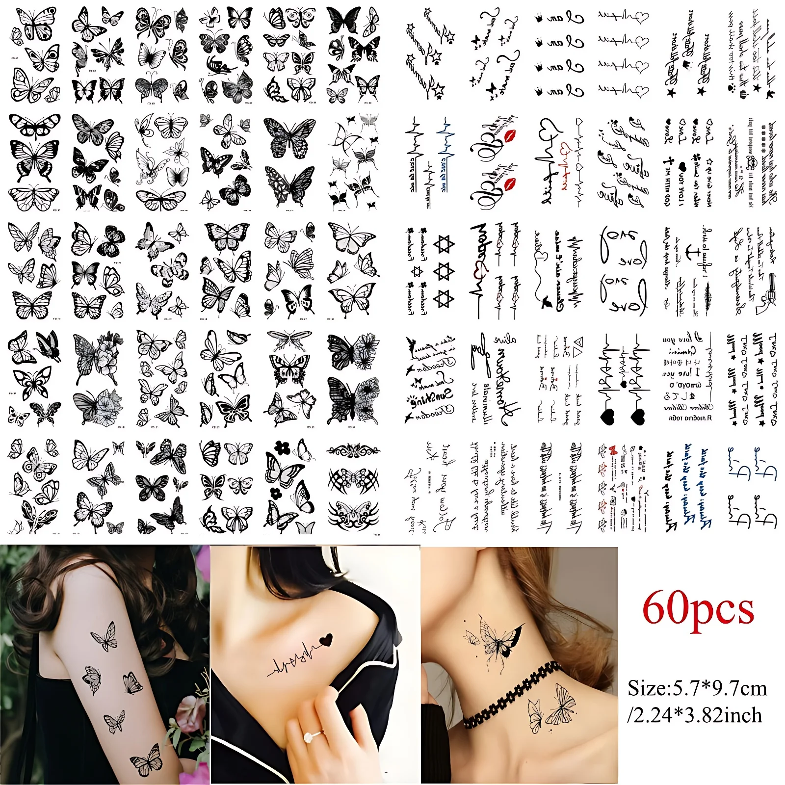 60pcs/set Water Transfer Tattoos Black Butterfly Text English Sentences for Women Girls Boys Tattoo Sticker Party Decor Hand Arm