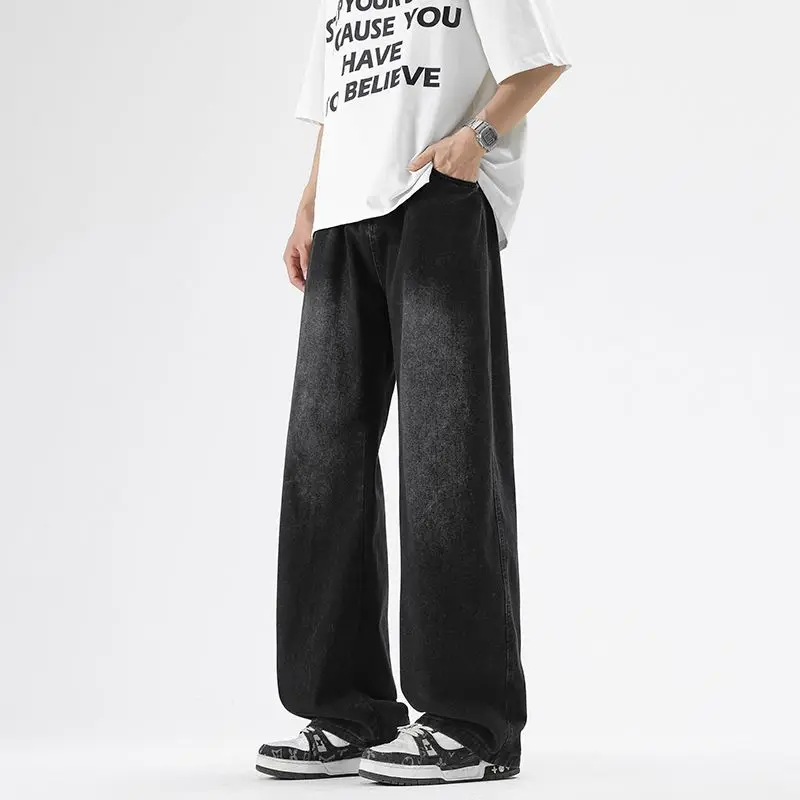 Men's Street Jeans, Simple And Wide Leg Trend Spring And Autumn Elastic Distressed Retro Loose Straight Leg Casual Pants