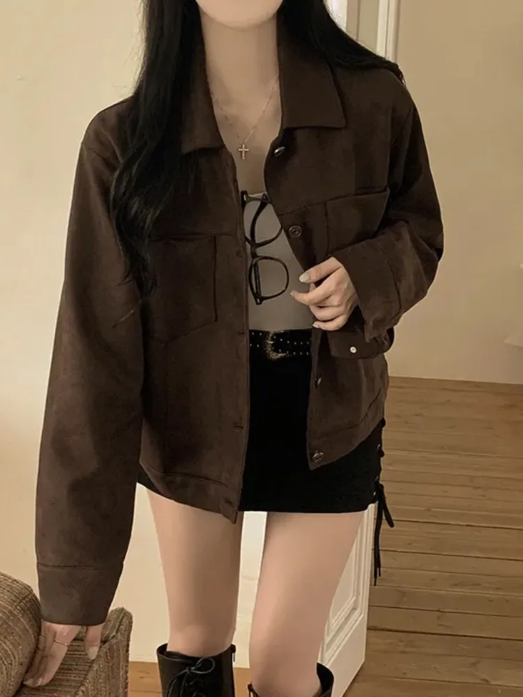 

Chic Vintage Loose Workwear Jaet Turn-down Collar Double ket Simple Sli Agel Trendy Autumn Winter Outerwear